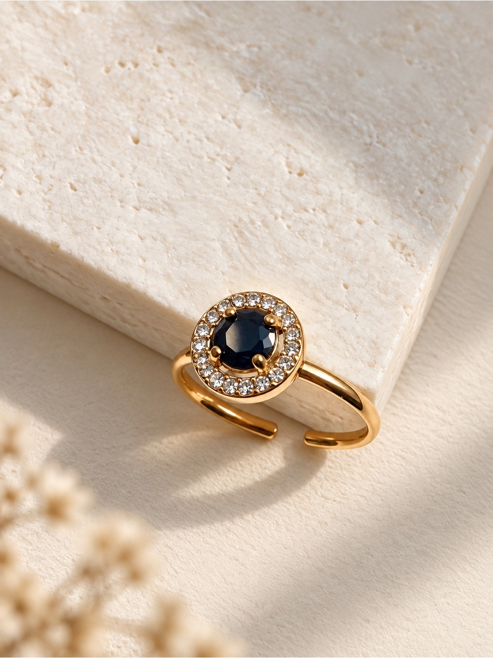 Gold Plated Halo Ring with Deep Blue Center Stone Adjustable